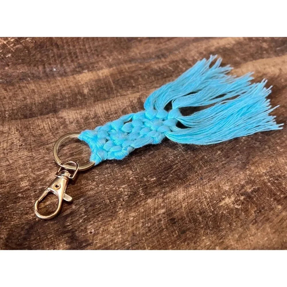 Teal Macrame Tassel Keychain Boho Bag Charm Purse Clip Handmade NWT
